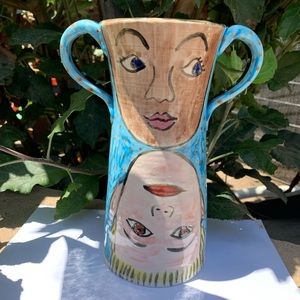 JODY 2 handled black Turo four Faces Colorful Hand Painted Signed Vase 8.6”Tall.